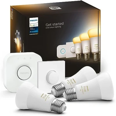 Immagine di Philips Hue White Ambiance Starter Kit con 3 Lampadine, Bluetooh, Controllo Vocale, Dimmerabili, Attacco E27 + 1 Bridge Hue, Completo del Sistema Telecomando Smart Button, Bianco