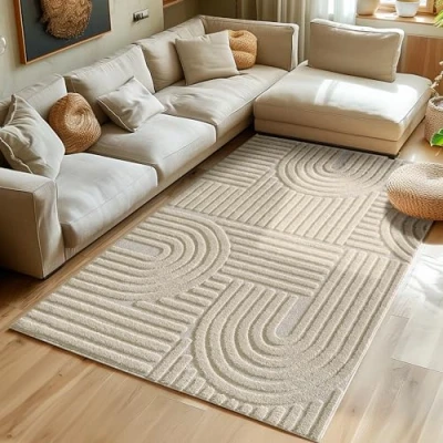 Immagine di Skandi Tappeto a pelo lungo per soggiorno, cucina, camera da letto, corridoio, design boho 3D, morbido, dimensioni: 200 x 290 cm, colore: Beige