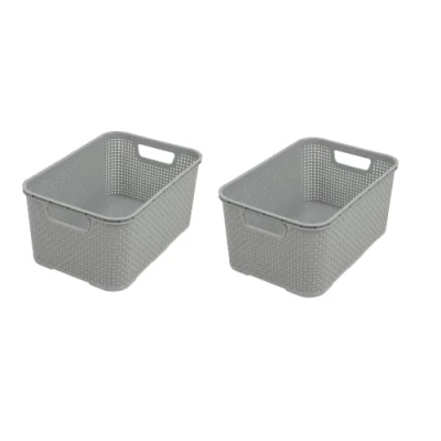Immagine di BranQ Set di 2 cestini per la casa, stile rattan, misura L, da 19 litri, senza bisfenolo A (BPA), in polipropilene (PP), colore grigio chiaro, 38 x 27,8 18,5 cm, pezzi