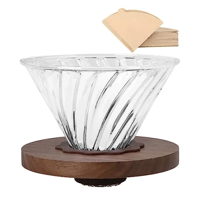Immagine di Lalord Dripper Di Caffè con 100 Carta Filtri, Manico in Noce e Vetro Borosilicato, Gocciolatore per V02, Adatto 1 4 Tazze