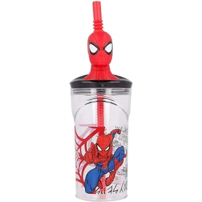 Immagine di CARTOON Bicchiere con cannuccia Spiderman Marvel personaggio 3D in plastica riutilizzabile BPA Free capacità 360 ml