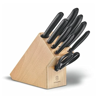 Immagine di VICTORINOX Ceppo Coltelli Swiss Classic in Legno, 9 Pezzi, con 8 e 1 Paio di Forbici Multiuso, Portacoltelli, Legno Faggio Chiaro