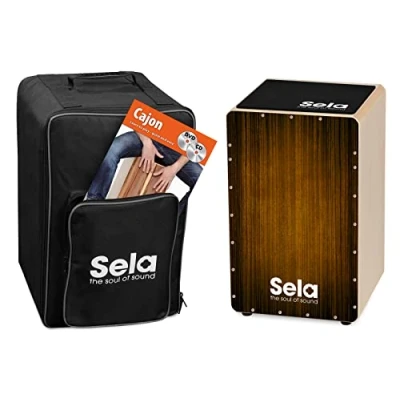 Immagine di Sela SE 129 EN Varios Brown cajon Set with backpack, pad, English method, CD and DVD