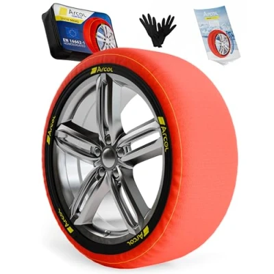 Immagine di ARCOL Calze da Neve Omologate Italia EN 16662 1 Due Catene in Tessuto per Auto. Snow Sock Taglia M R13 R19 (Misure Pneumatici Dettagliate all&#039;Interno) (Control, M)