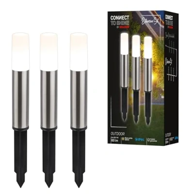 Immagine di Briloner illuminazione da giardino Connect to Shine 12V, set di 3 faretti a LED con picchetto, prolunghe, IP44, luce bianca calda, luci per sentieri, 36,5x4 cm, color argento