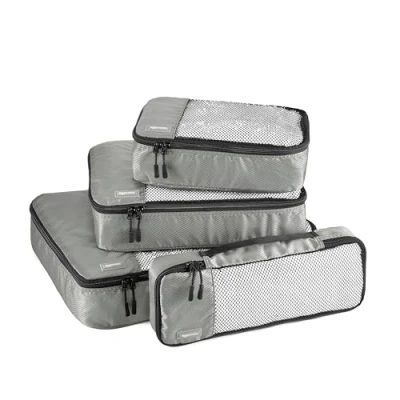 Immagine di Amazon Basics Organizer da Viaggio Salvaspazio per Valigie, con Cerniera, Set 4 Pezzi, Grande/Medio/Piccolo/Sottile, Grigio