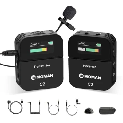 Immagine di Moman Microfono Lavalier Wireless, C2 2.4G Lapel Wireless 70m 8H per classe online Vlog Live Stream YouTube fotocamera Smartphone Tablet