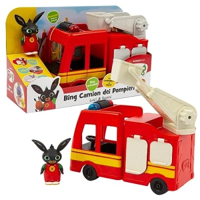 Immagine di Giochi Preziosi Bing Camion Pompieri Giocattolo, con Luci Lampeggianti e Suoni, Scala Estensibile Porte Apribili, Bambini 18 Mesi +, Comprende Personaggio Articolato