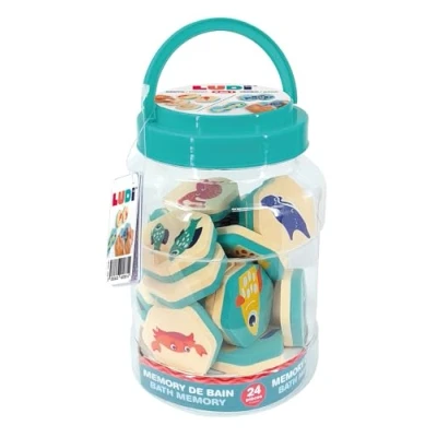 Immagine di Ludi Memorie da bagno 2 in 1 Gioco di assemblaggio coppie animali e puzzle a partire dai 18 mesi 24 pezzi schiuma impermeabile Barattolo portaoggetti incluso Tema marino