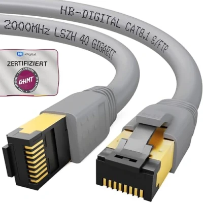 Immagine di HB Digital 1m Cavo di rete CAT 8.1 S/FTP LSZH Grigio 40 Gbps patch LAN Gigabit RJ45 maschio Ethernet PIMF 2000 MHz Compatibile con Cat.6 Cat.7 Cat.8