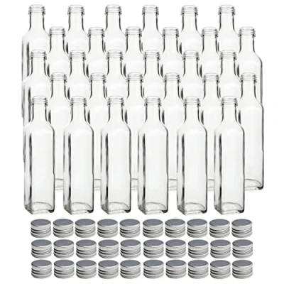 Immagine di gouveo Set 30 Bottiglie Maraska in Vetro da 250 ml con Tappo a Vite Argento Bottiglia Quadrata 0,25 L per Riempimento Liquore, Aceto, Olio (MFET250S)
