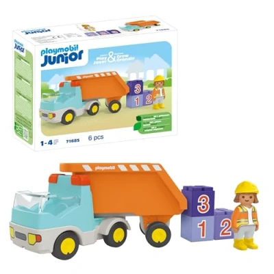 Immagine di Playmobil Junior 71685 Camion del cantiere, inclusi operaio edile e tre pietre impilabili, giocattolo sostenibile realizzato in plastica a base vegetale, per bambini dai 12 mesi su