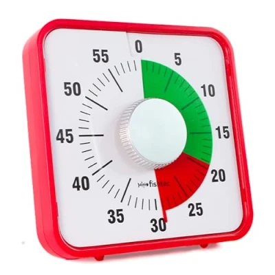Immagine di FISHTEC Timer gigante meccanico quadrato rosso 60 minuti 2 zone di colore Grandi numeri Piede o Magnetico Cucina, Aula Gestione del Tempo Esame 19 x 4,5 cm