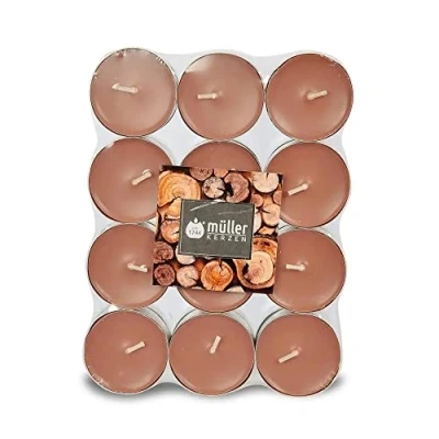 Immagine di Müller Tealights Candele Profumate Fragranza Sandalwood 39 x 15 mm Durata 4 Ore Lumini di Cera Colore Marrone Set 24 Candeline