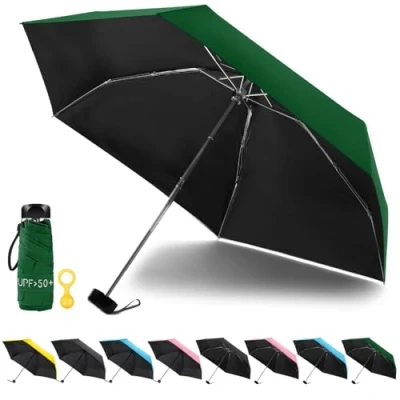 Immagine di Vicloon Mini Ombrello Portatile Pieghevoli, Leggero Compatto Antivento da Viaggio con Piatto Manico, Pioggia e UV Protezione per Uomo Donna UPF&gt;50+(Verde Scuro)