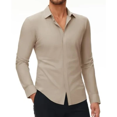 Immagine di DEMEANOR Camicia elasticizzata da uomo a maniche lunghe, slim fit, business, senza stiratura, uomo, per il tempo libero, cachi, S