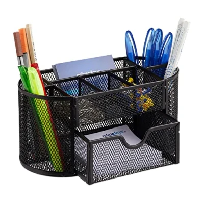 Immagine di Relaxdays Organizer da Scrivania Ufficio, con Portapenne e Cassetto, Rete in Acciaio, HxLxP: 10,5x22x11cm, Nero
