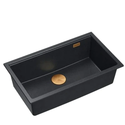 Immagine di QUADRON lavello in granito per cucina dimensioni 70 x 37 23,5 cm colore: Nero + Rame Pvd (Vasca da Incasso) LOGAN 110 a vasca singola sottopiano base mobile 80