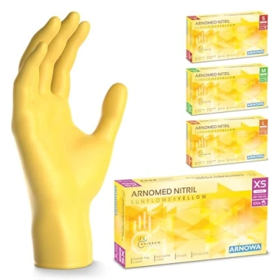 Immagine di ARNOMED guanti monouso giallo, in nitrile XS, 100 pezzi/confezione, senza polvere e lattice, per alimenti, taglie S, M L