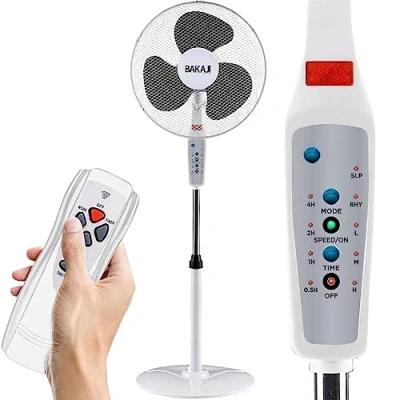 Immagine di BAKAJI Ventilatore a Piantana con Telecomando, Potenza 50W 3 Velocità, Pale da 40 cm, Altezza ed Inclinazione Regolabile Fino 130 Funzione Timer, Base Rotonda, Oscillazione Orizzontale (Bianco)