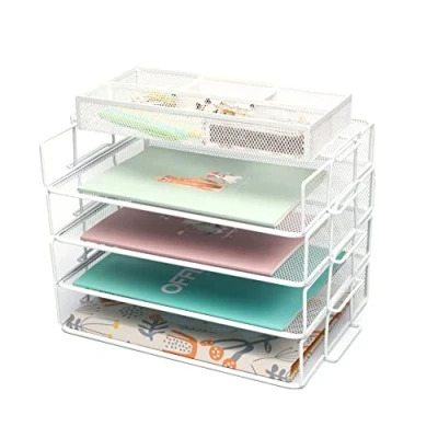 Immagine di Exerz organizer da scrivania in rete metallica, confezione 5 pezzi, impilabile a 4 ripiani, con per accessori 3 scomparti, porta documenti ufficio, scuola(5 pezzi bianco)