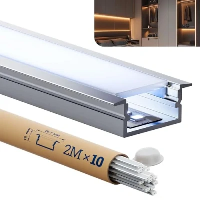 Immagine di HOOLED Profilo in alluminio a LED, 2 m, per strisce 10 pezzi, dimensioni 19,7 x mm, adatto tutte le fino 15,5 con coperchio opaco policarbonato
