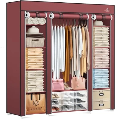 Immagine di KESSER® Armadio in tessuto stabile con asta appendiabiti e ripiani, include 5 grucce tessuto, per camera da letto, spogliatoio, guardaroba appendiabiti, 150 x 45 175 cm