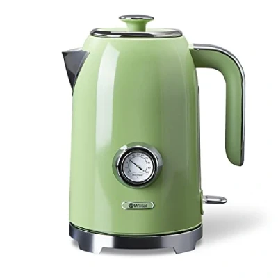 Immagine di Wiltal Bollitore elettrico [1,7 l, 2200 W], verde retrò, in acciaio inox, set di tostapane retrò (indicatore della temperatura dell&#039;acqua nel design indicatore del livello esterno),