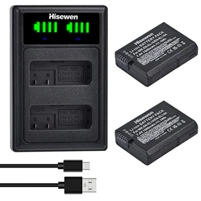 Immagine di Hisewen EN EL14 EL14a Batteria (2Pack) e doppio caricatore per Nikon D3200, D5600, D3100, D3500, D3400, D3300, DF DSLR, Coolpix P7800, P7700, P7100, P7000.