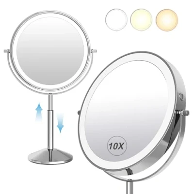 Immagine di TUSHENGTU 9&quot; Specchio trucco con luci ingrandimento 10x luce LED ricaricabile, altezza regolabile, da barba autoportante scrivania cromato Doppia Faccia Luci(940C10X)