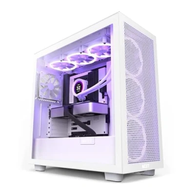 Immagine di NZXT H7 Flow Case da gioco per PC Mid Tower ATX Porta I/O USB tipo C anteriore Pannello laterale in vetro temperato a sgancio rapido Supporto GPU verticale Bianco