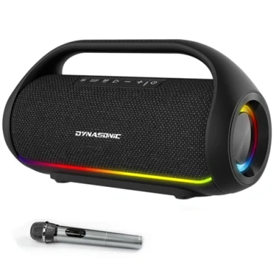 Immagine di DYNASONIC S90 Altoparlante Bluetooth portatile impermeabile IPX5. wireless per esterni. Stereo senza fili. Potente lettore audio con luci LED integrate. Micro SD, USB.