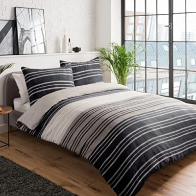 Immagine di Sleepdown Set di biancheria da letto con copripiumino reversibile a righe testurizzate, facile pulire, morbido, confortevole, 135 x 200 cm, 1 federa 80 in policotone, cm +