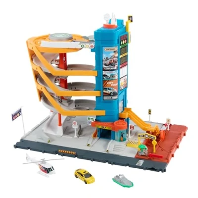 Immagine di Matchbox Centro Trasporti, playset con 5 piani di gioco, ascensore e cancelli, include un mini chiosco tre veicoli, barca, elicottero taxi, giocattolo per bambini, 3+ anni, HXL47