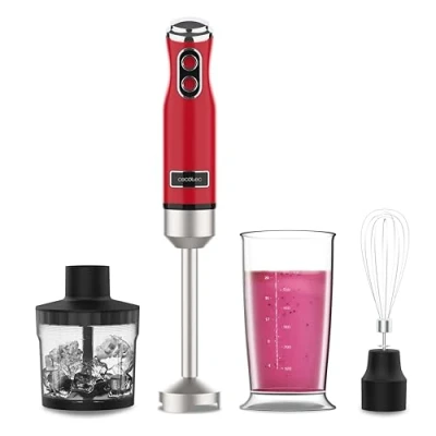 Immagine di Cecotec Frullatore ad Immersione Vintage Power RetroRed 1200MAX Cream&amp;Crush. 1200W, 0,5L, CrossBlades Titanio, 2 Velocità, Accessori Inclusi, Design Retro, Campana Antischizzi, Lavabile Lavastoviglie