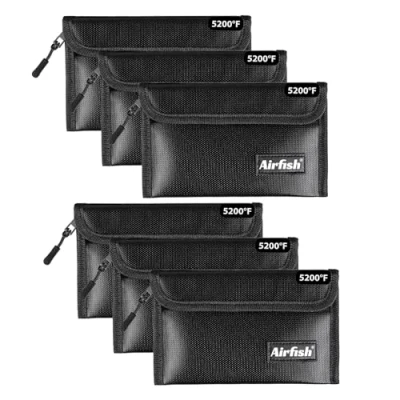 Immagine di Airfish 6 Pezzi Sacchetti per Soldi Ignifughi, 12.7 x 20cm, Borsa sicura Contanti, Oggetti di Valore e Passaporto con Rivestimento in silicone Chiusura a Cerniera Nero
