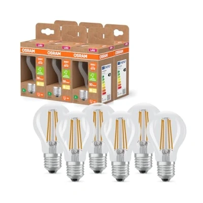 Immagine di OSRAM Lampada LED Classic con filamento a forma di lampadina classica, in vetro trasparente, 3,8 W, attacco E27, EEK A, 806 lm per illuminazione generale, confezione da 6