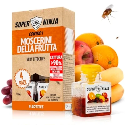 Immagine di Super Ninja Trappola per Mosche della Frutta 4 Trappole Ecologiche ad alta Efficacia Interni Facile da Usare Fino a 3 Settimane Flacone