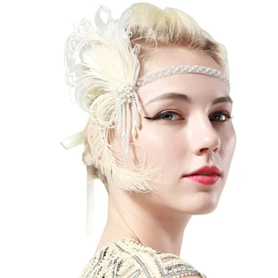 Immagine di BABEYOND Fascia per capelli da donna anni &#039;20 con piuma, stile Gatsby, colore bianco