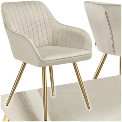 Immagine di TecTake® Sedie da Pranzo Effetto Velluto Trapuntato, Elegante, Imbottitura Schiuma Alta Densità, Gambe in Acciaio, Montaggio Semplice Crema/Oro, 1 Sedia