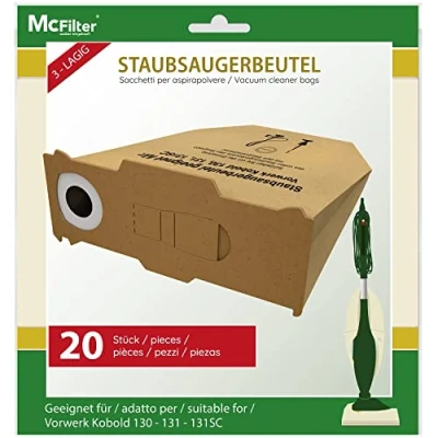 Immagine di McFilter 20 sacchetti per aspirapolvere adatti ai modelli Vorwerk Folletto 130, 131 e SC, disco di copertura extra resistente con guarnizione in gomma flangia robusta