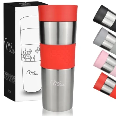 Immagine di Milu Tazza Termica da viaggio per caffè 450ml 100% a Prova di perdite Isolata e tè portare via bere in acciaio inossidabile Caldo freddo (Rosso, 450ml)