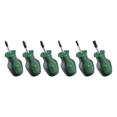 Immagine di Bosch set di cacciaviti a cricchetto corto 6 pz. (compatti per fissaggio in spazi stretti; PH/PZ/TX/SL; acciaio S2; coppia elevata; cod. crom.; punta magnetica; impg. ergon. Softgrip)