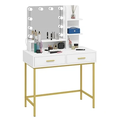 Immagine di WOLTU Toeletta da Trucco con Specchio e 10 Luci a LED, Postazione 2 Cassetti Ripiani Aperti, Tavolo Make Up Gambe Metalliche, 90x45x137cm, Bianco Oro, MB6090ws