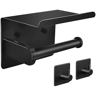 Immagine di Porta Carta Igienica, Portarotolo in Acciaio Inox Autoadesivo per Bagno WC Cucina, Antiruggine, Nero Opaco