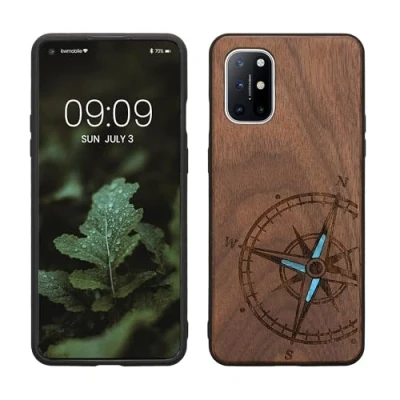 Immagine di kwmobile Custodia Compatibile con OnePlus 8T Cover Back Case in Legno Bumper Silicone TPU Bussola Vintage Madreperla marrone scuro