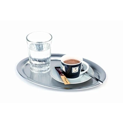 Immagine di APS vassoio di servizio Kaffeehaus, classico da caffè viennese, in acciaio inossidabile, lucido opaco, ovale, bordo arrotolato, 19 x 15 cm, altezza 1 cm