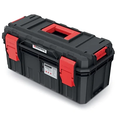 Immagine di Cassetta degli attrezzi, divisori, impugnatura ergonomica, chiusura a morsetto, resistente alla polvere e impermeabile, in plastica, 55 x 25 26,4 cm