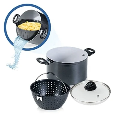 Immagine di Genius Cerafit Magic Pot Set di pentole da 24 cm, Pentola 6,4 l, con filtro e coperchio in vetro per una facile cottura, versare servire pasta rivestita ceramica tutti i tipi fornelli