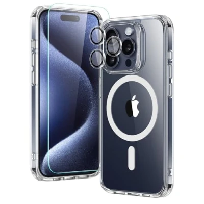 Immagine di ESR Set di Cover MagSafe per iPhone 15 Pro, 1 Protezione lo schermo in vetro temperato, protezioni le lenti, Anti ingiallimento e antigraffio,Trasparente
